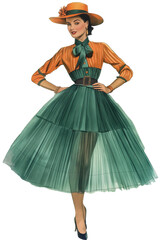 Fototapeta premium Elegant vintage-inspired woman in a twirling dress and hat, isolated on a transparent background, reminiscent of fashion styles for St Patrick's Day celebrations