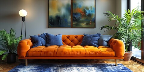 Modern and stylish interior with a comfortable orange sofa and trendy decor.
