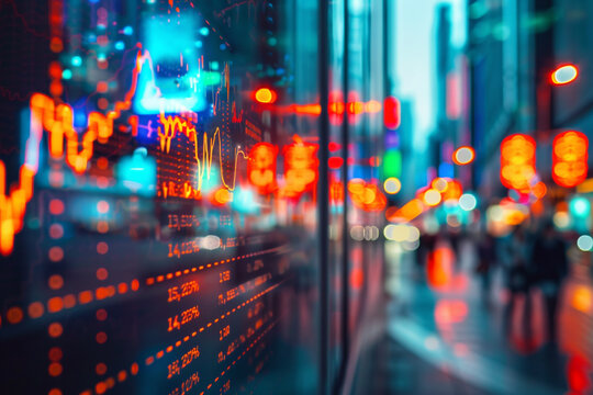 Vivid display of stock market updates, with graphs and indices illustrating bullish and bearish trends 