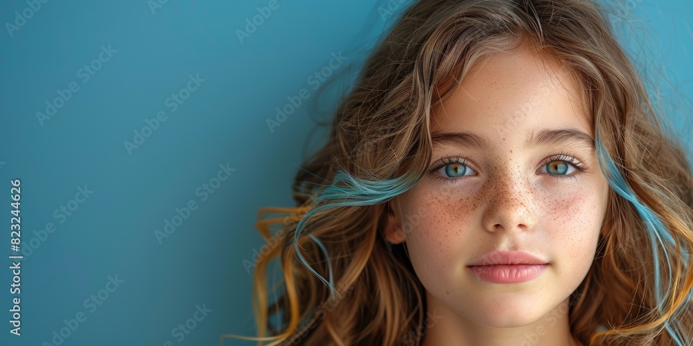 Wall mural Portrait of a beautiful, confident young girl with blue streaks of hair, radiating innocence and happiness.