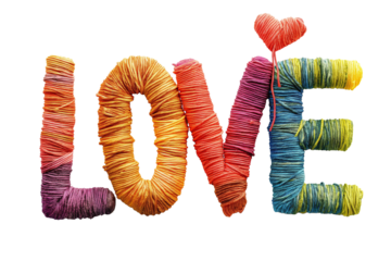 Colorful yarn-wrapped word LOVE with a heart-shaped balloon, isolated on a transparent background, ideal for Valentine's Day and handcraft concepts