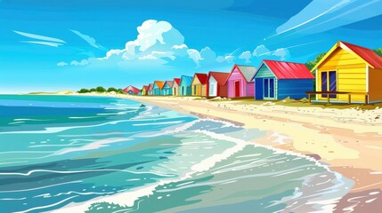 A Picturesque Beach With Colorful Beach Huts And Calm, Clear Water, Cartoon ,Flat color