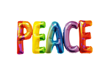 Colorful balloon letters spelling PEACE isolated on a transparent background, related to International Day of Peace and World Peace Day concepts