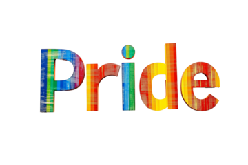 Colorful rainbow-textured 'Pride' word art isolated on a transparent background, related to LGBTQ+ celebrations and Pride Month