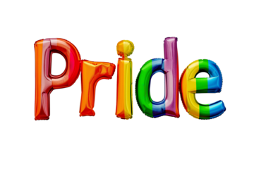 Colorful balloon letters spelling PRIDE isolated on a transparent background, related to LGBTQ+ rights, diversity, and Pride Month celebrations