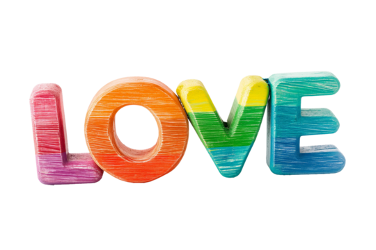 Colorful 3D text LOVE with a rainbow pattern isolated on a transparent background, ideal for Valentine's Day and LGBTQ+ pride celebrations