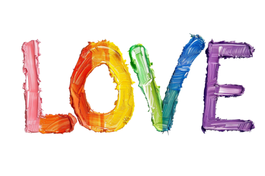 Colorful brushstroke LOVE text isolated on a transparent background, ideal for Valentine's Day and wedding celebration themes - Powered by Adobe