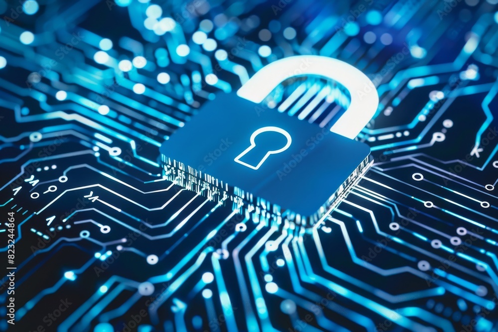 Poster blue lock on circuit board representing cybersecurity and data protection in digital technology