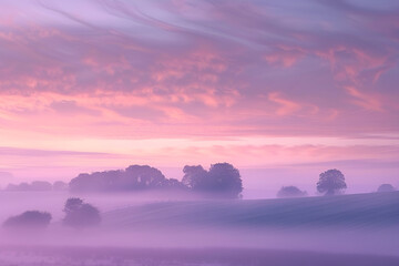 Kolorowy wschód słońca nad mglistym polem z drzewami