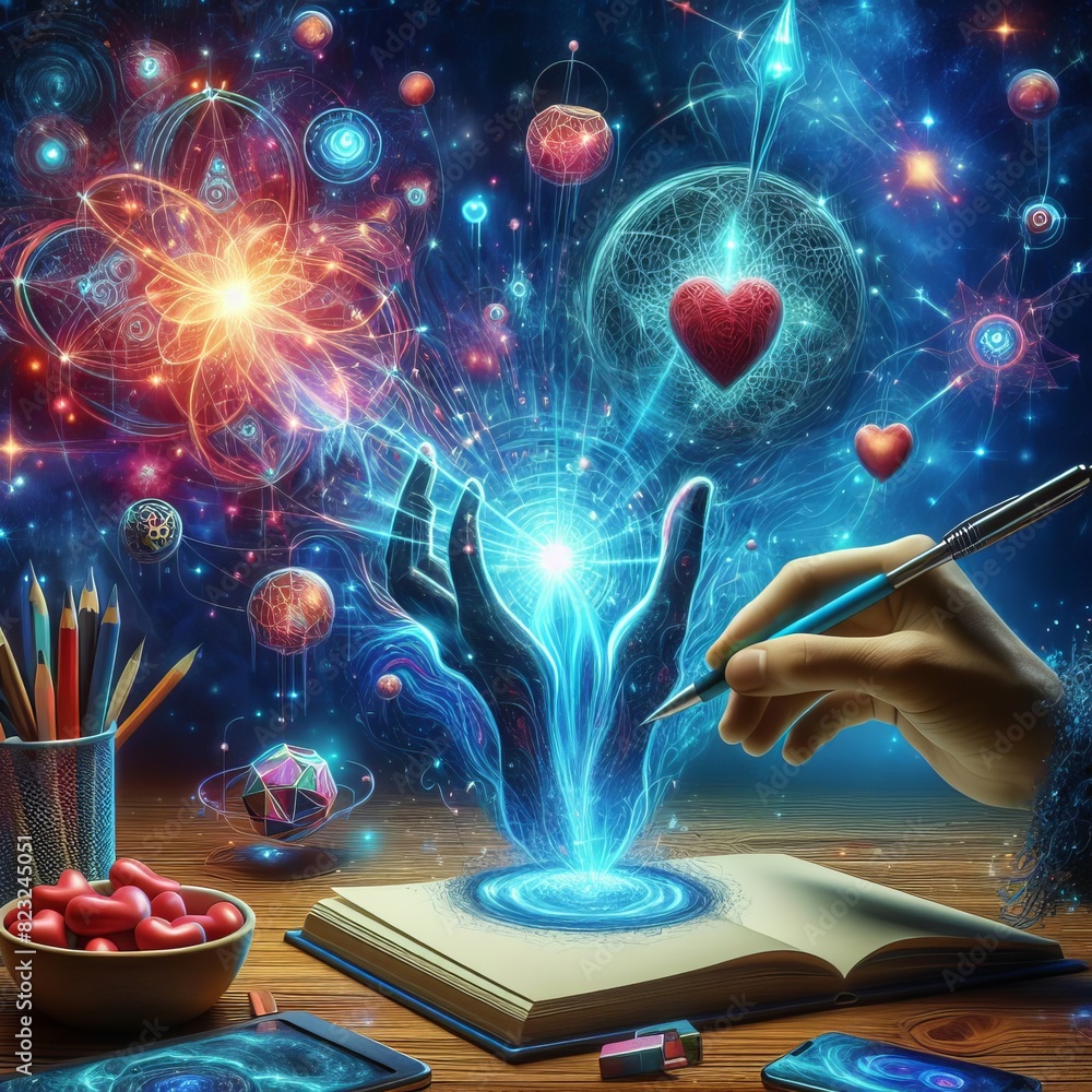 Poster artistic representation of hands creating a cosmic universe, filled with glowing orbs, hearts, and c