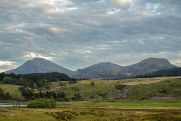 The Hebog mountain range of Moel Hebog, Moel yr Ogof and Moel Lefn in the Eryri National Park,...