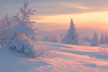 Zimowy pejzaż o zachodzie słońca z ośnieżonymi drzewami