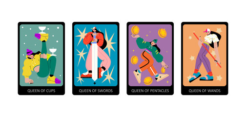 Tarot cards flat deck cartoon. Minor Arcana Suit of Queen of Cups, Swords, Pentacles and Wands. Tarot Cards. Trendy vector illustration.