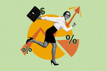 Sketch image trend artwork collage of young lady boss office manager investor run yes fist up get...
