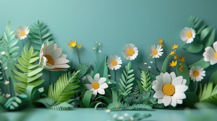 A vibrant paper art scene of white daisies and yellow flowers amidst lush green foliage against a teal background.