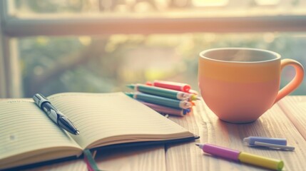 Naklejka premium Cozy Fitness Goal Setting: Journal with Colorful Markers, Pen, and Tea on Wooden Table in Bright Room Setting an Inspiring Atmosphere
