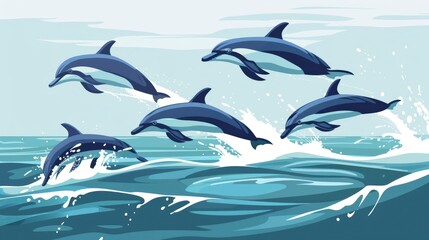 A Pod Of Dolphins Jumping Out Of The Water Near The Shore, Cartoon ,Flat color