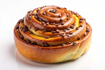 One cinnamon roll chocholate isolated on white background, sweet bun, cromboloni