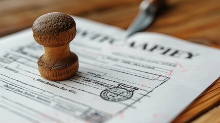 A close-up of a wooden stamp placed on a document, indicating an official approval or verification process.
