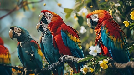 Tropical Splendor: A Group of Colorful Parrots Perched on Branches