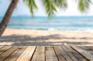 Empty Wooden Table with Blurred Tropical Beach Background