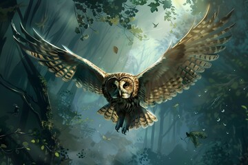  owl in flight in forest sky