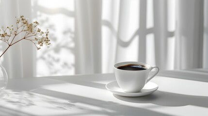Minimalist Coffee Break on Sleek White Table by Sunlit Window