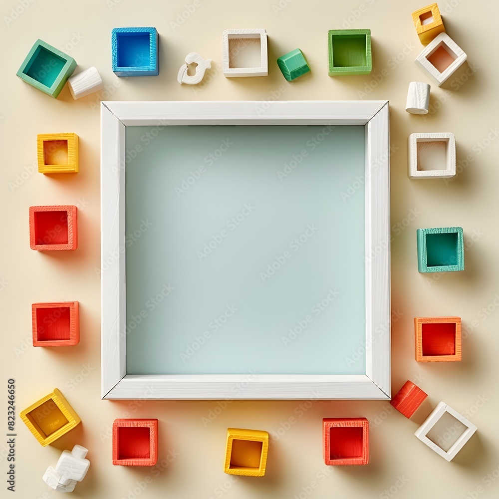 Poster whimsical toy block frame in neutral background showcasing minimalist design concept