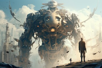 Lone person stands before an immense robot in a futuristic cityscape