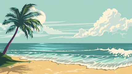 Fototapeta na wymiar A Quiet Beach With Gentle Waves And A Single Palm Tree, Cartoon ,Flat color