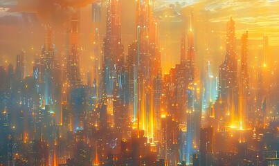 a futuristic cityscape made entirely of intricate fractal structures. Buildings and skyscrapers stretch upward, reflecting the harmonious blend of orange and blue hues
