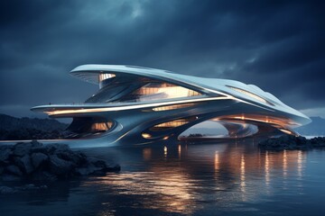 Obraz premium Imaginative concept of modern architecture, resembling a spaceship, by the water under a moody sky