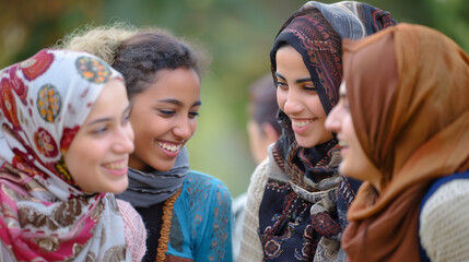 A group of friends, representing different cultures and nationalities, gather together, enjoying time together.