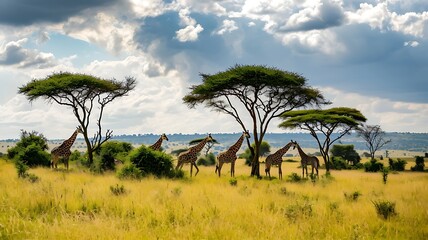 Savannah Serenity: A Group of Giraffes Grazing on Tall Trees in the Wild