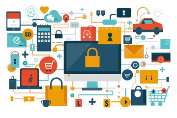 Colorful Ecommerce Illustration with Shopping Cart, Icons, and Bags Representing Secure Online Shopping and Data Protection