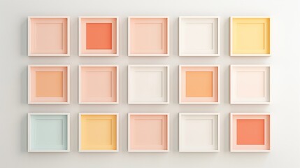 Fototapeta premium Symmetrical Arrangement of Pastel-Colored Square Frames on Wall