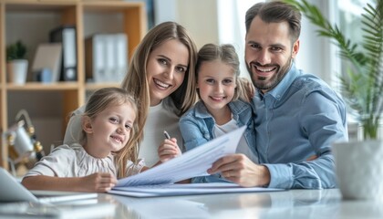 Fototapeta premium A family shares papers with smiles, happy eyes, and gestures around a table