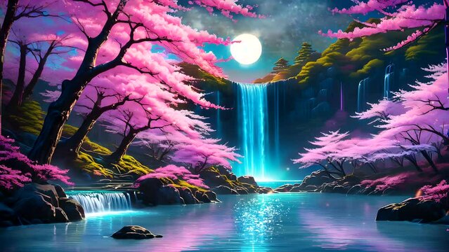 Waterfalls at night in the forest. Seamless looping time-lapse 4k video animation background