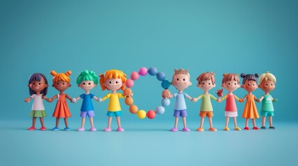 Fototapeta premium 3D minimalist cartoon of diverse children holding hands in a circle, celebrating Childrenâ€™s Day and unity