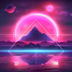 A pink and purple background with a triangle and two planets. The background is a reflection of the mountains in the foreground