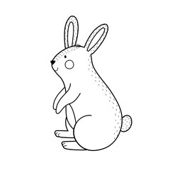 Cute black and white rabbit isolated on white background. Forest character in outline for kids design. Woodland animal isolated on white background. Vector illustration
