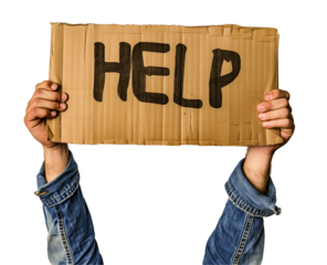 Person Holding "HELP" Sign on Transparent Background