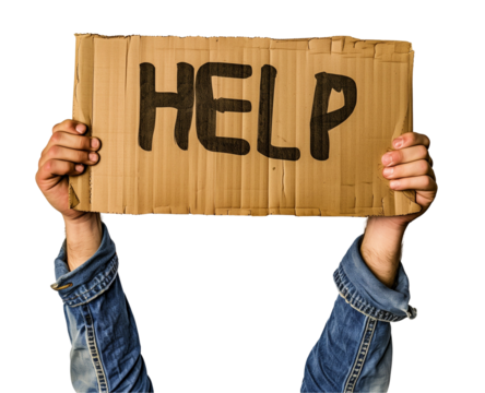 Person Holding "HELP" Sign on Transparent Background