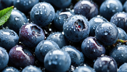 Background with blueberries with green leaves in water