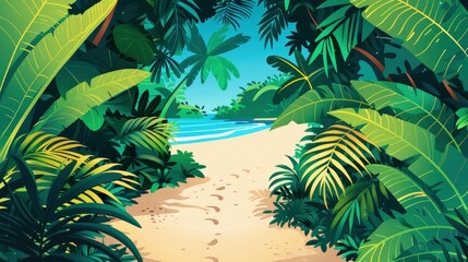 A Sandy Pathway Leading Through A Tropical Forest To A Hidden Beach, Cartoon ,Flat color