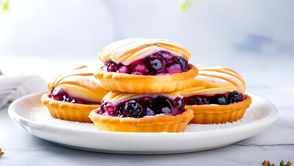 Berry patties, shortcrust pastry, mini tarts with berry jam on a white ceramic plate