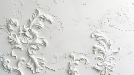 Intricately detailed white floral bas relief on a white wall, featuring a symmetrical pattern and a sense of depth and texture