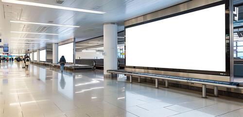 Intriguing blank billboard at baggage claim, tailored to refresh weary travelers.