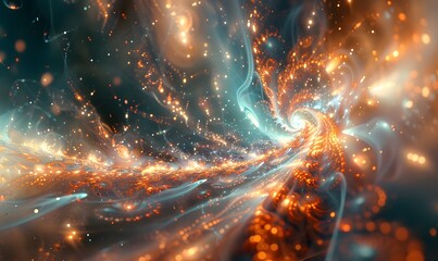a mesmerizing field of orange and blue fractals in deep space. creating a sense of motion and exploration in the vastness of the cosmos. - Powered by Adobe