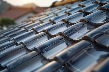 Roof tiles equipped with solar panels, demonstrating the synergy between renewable energy technologies and traditional building materials.
